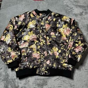 Free People Black Floral Satin Bomber Jacket